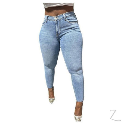 Buy-Ladies Super Strong Stretchy Skinny Plain Denim Jeans | Slit Cropped Hem | "Barbie"-Online-in South Africa-on Zalemart
