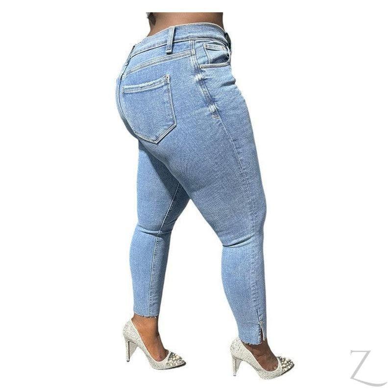 Buy-Ladies Super Strong Stretchy Skinny Plain Denim Jeans | Slit Cropped Hem | "Barbie"-Online-in South Africa-on Zalemart