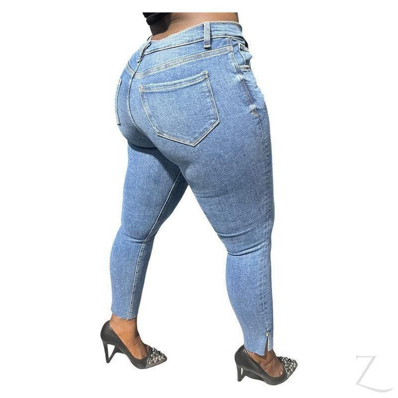 Buy-Ladies Super Strong Stretchy Skinny Plain Denim Jeans | Slit Cropped Hem | "Barbie"-Online-in South Africa-on Zalemart