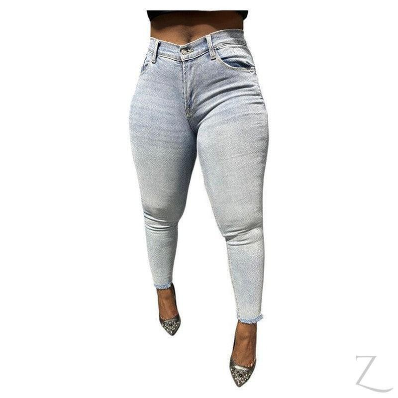 Buy-Ladies Super Strong Stretchy Skinny Plain Denim Jeans | Slit Frayed Hem | "Barbie" - B Grade-Light Blue-28-Online-in South Africa-on Zalemart