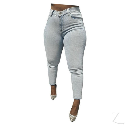 Buy-Ladies Super Strong Stretchy Skinny Plain Denim Jeans | Slit Frayed Hem | "Barbie"-Light Wash Blue-28-Online-in South Africa-on Zalemart