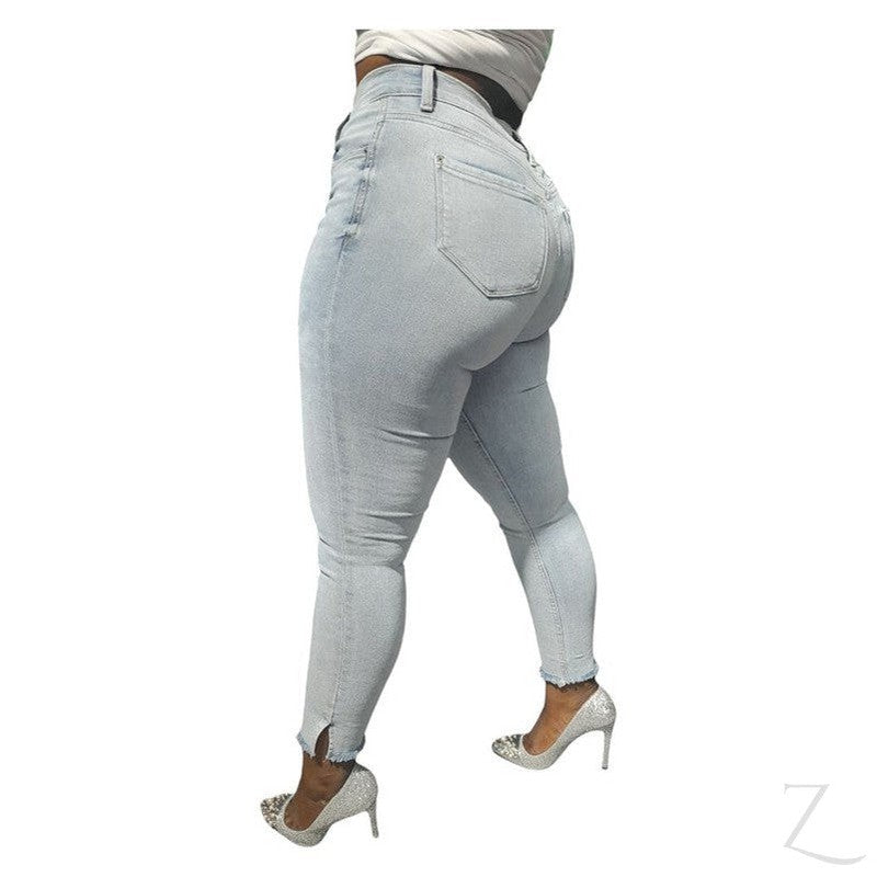Buy-Ladies Super Strong Stretchy Skinny Plain Denim Jeans | Slit Frayed Hem | "Barbie"-Online-in South Africa-on Zalemart