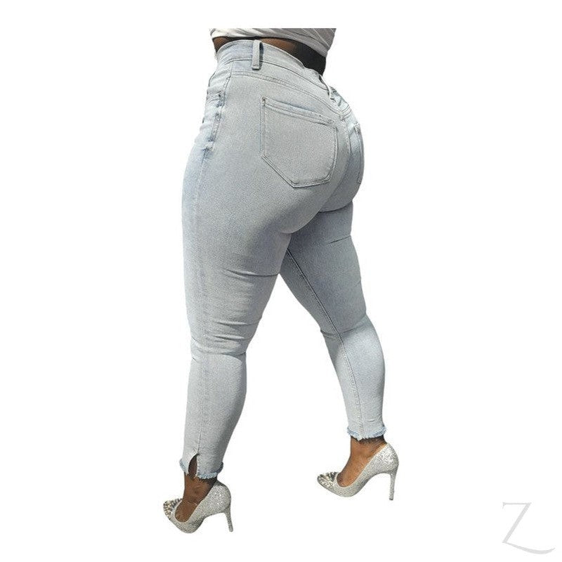 Buy-Ladies Super Strong Stretchy Skinny Plain Denim Jeans | Slit Frayed Hem | "Barbie"-Online-in South Africa-on Zalemart