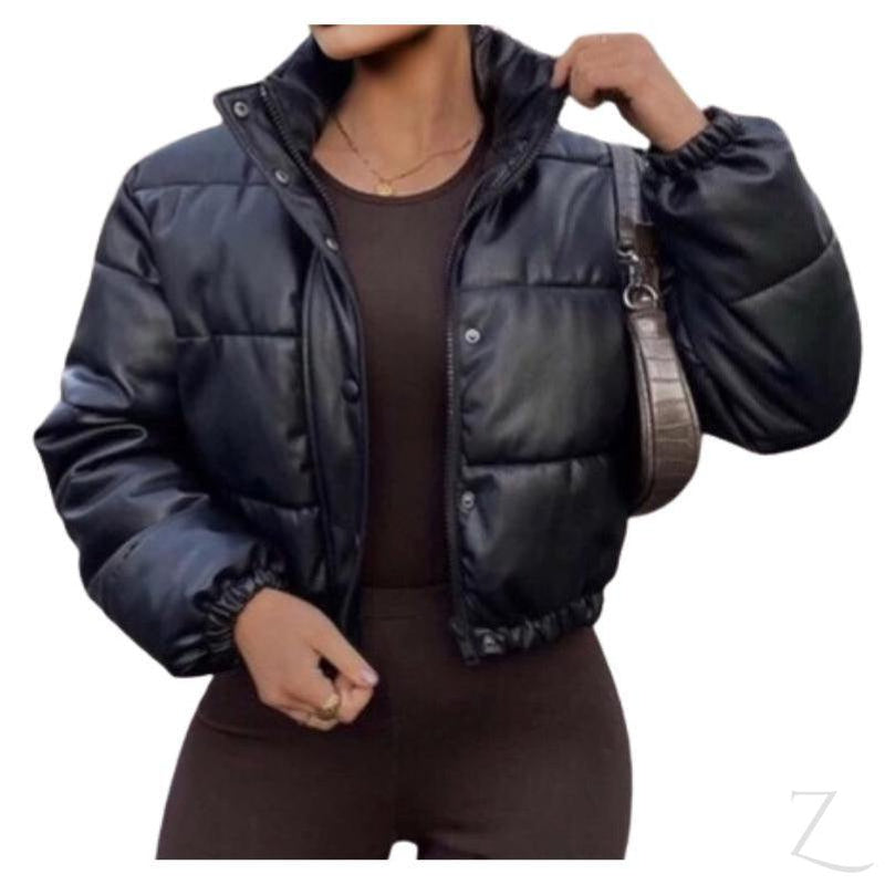 Buy-Ladies ZARA Replica Faux Leather Short Puffer Jacket | Buttons + Zipper | "Thingo"-Black-S-Online-in South Africa-on Zalemart