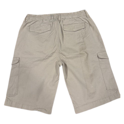 Zalemart khaki cargo shorts with an elasticated waistband and flap pockets, shown from the back view.