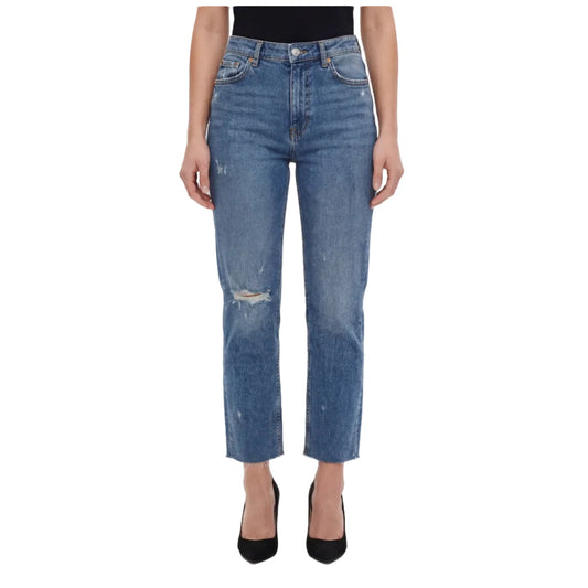 Ladies High Rise Super Strong Straight Leg Ripped Jeans | Cropped | "Zia" - A Grade