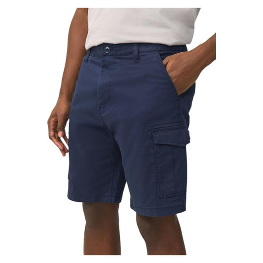 Zalemart navy blue cargo shorts for men with an elasticated waist and side flap pockets, worn in a regular fit.