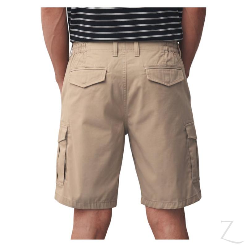 Zalemart men's khaki cargo shorts with elasticated waist, side cargo pockets, and rear flap pockets, back view.