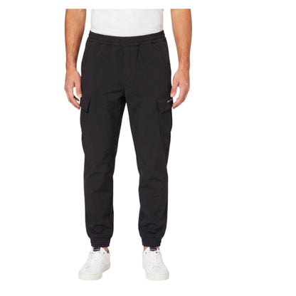 Zalemart black athletic cargo jogger pants with elasticated waist, side pockets, and cuffed ankles on a male model.