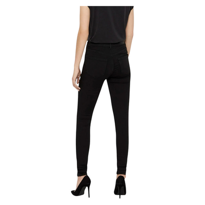 Zalemart ladies black super skinny stretchy denim jeans worn with black high heels, back view.