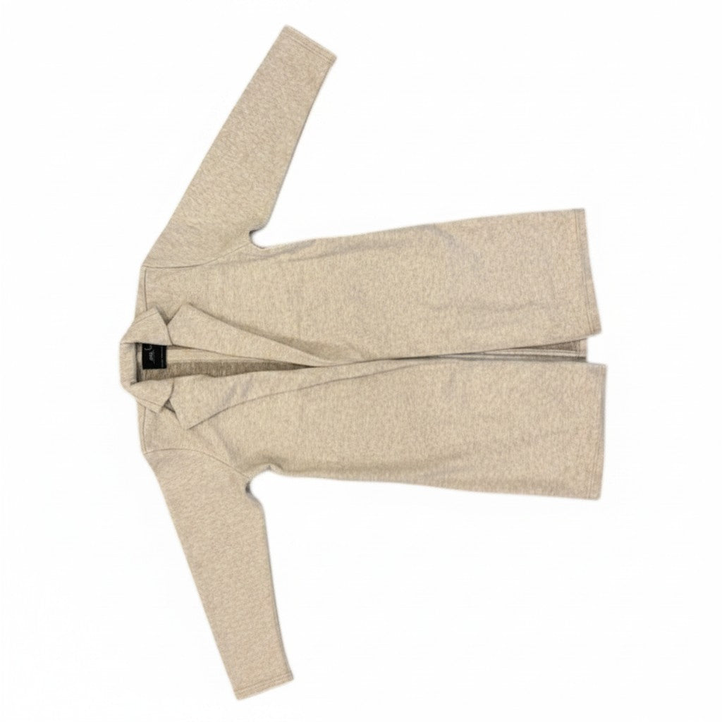 Zalemart light beige long felt textured coat with a notched collar and open front design.