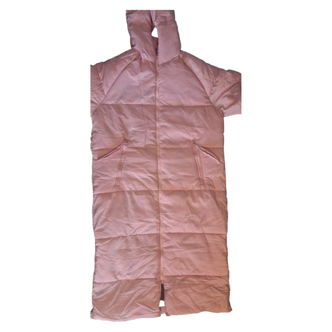 Zalemart light pink longline hooded puffer coat with horizontal quilting and zippered pockets for winter warmth