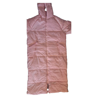 Zalemart light pink longline hooded puffer coat with horizontal quilting and zippered pockets for winter warmth