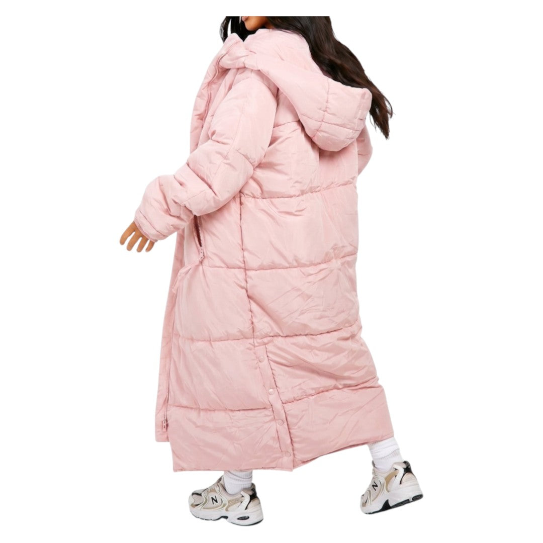 Zalemart women's longline pastel pink hooded puffer coat with quilted horizontal baffling and side snap-button vents