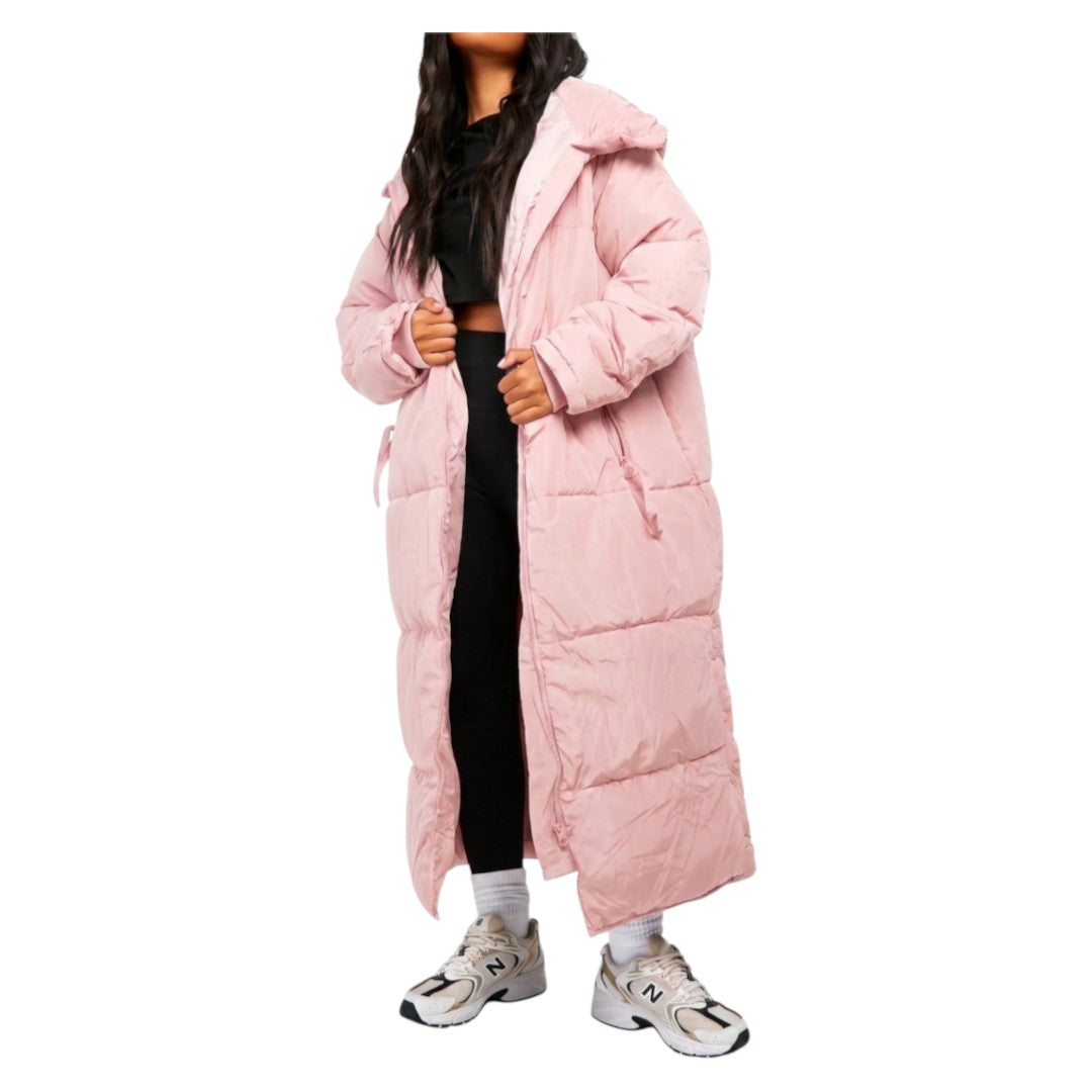 Zalemart pastel pink longline hooded puffer coat with horizontal quilting and zippered pockets on a model