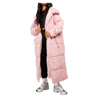 Zalemart pastel pink longline hooded puffer coat with horizontal quilting and zippered pockets on a model