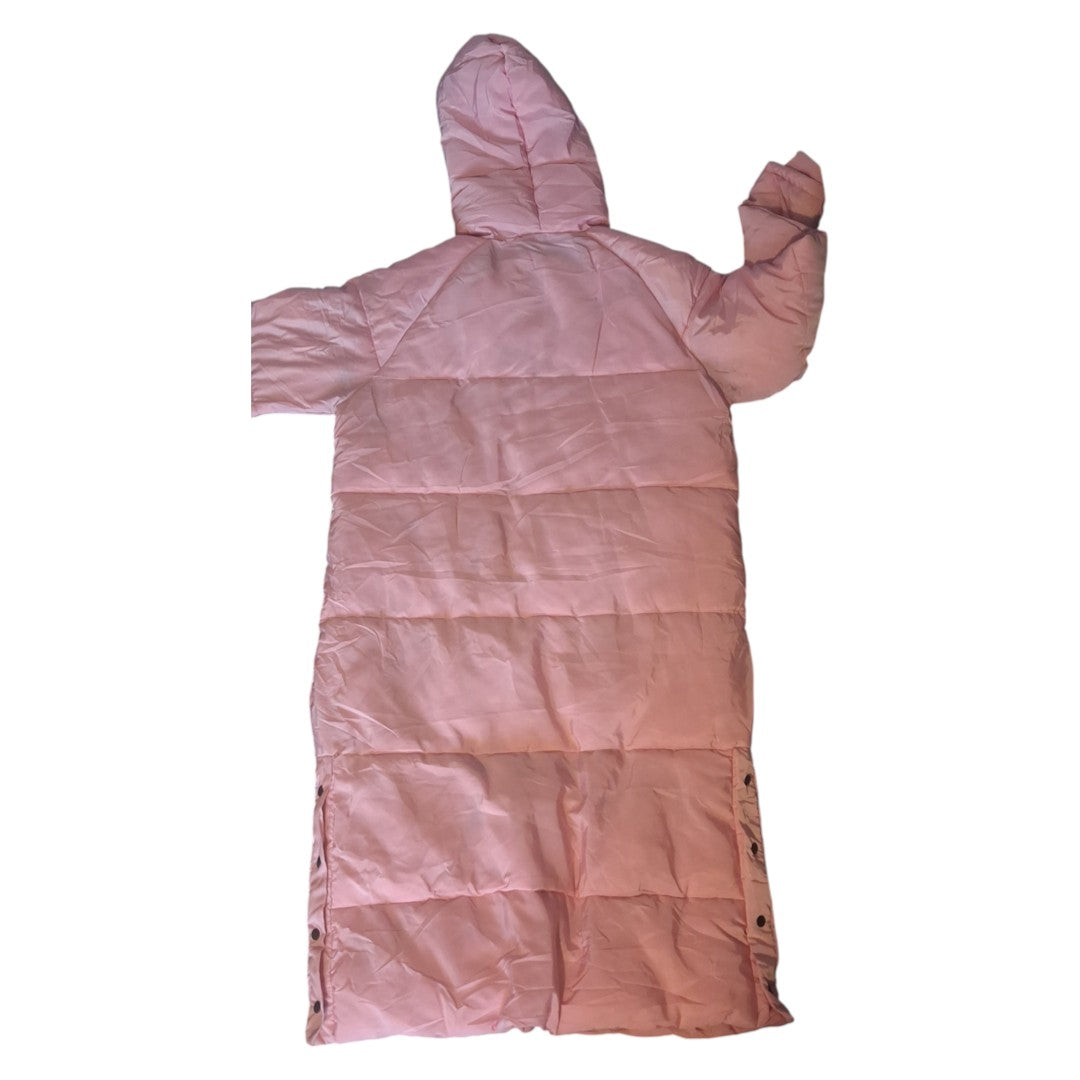 Zalemart pastel pink longline hooded puffer coat with horizontal quilting and snap-button side vents