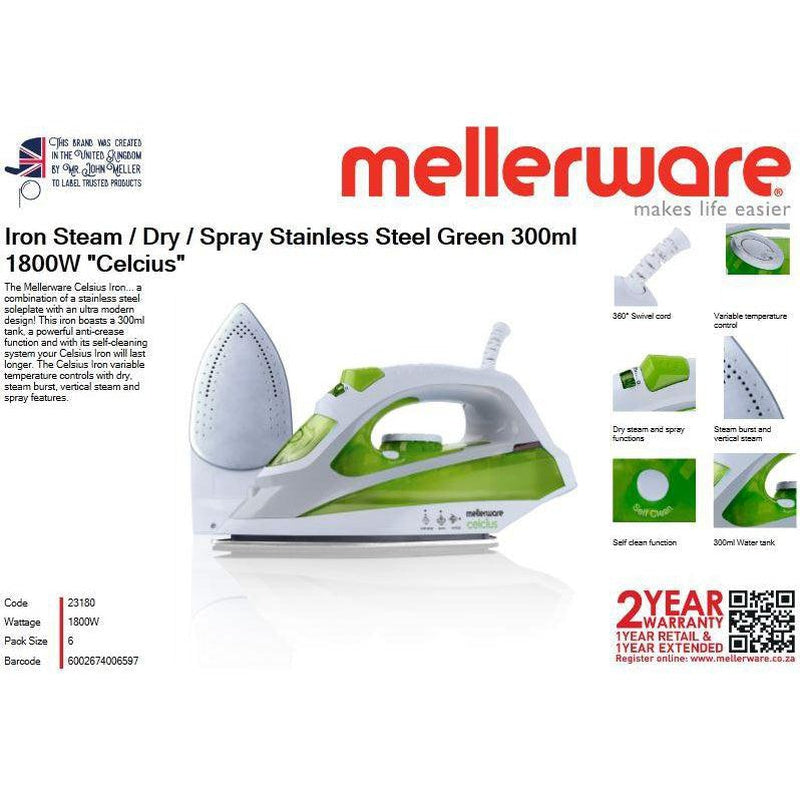 Mellerware Iron Steam / Dry / Spray Stainless Steel Green 300ml 1800W "Celcius"