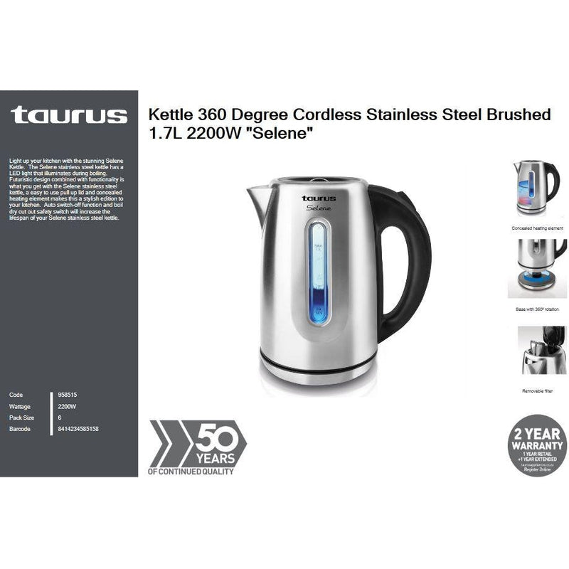 Taurus Kettle 360 Degree Cordless Stainless Steel Brushed 1.7L 2200W "Selene"