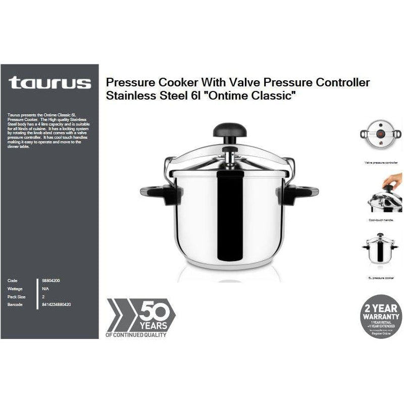 Taurus Pressure Cooker With Valve Pressure Controller Stainless Steel 6l "Ontime Classic"