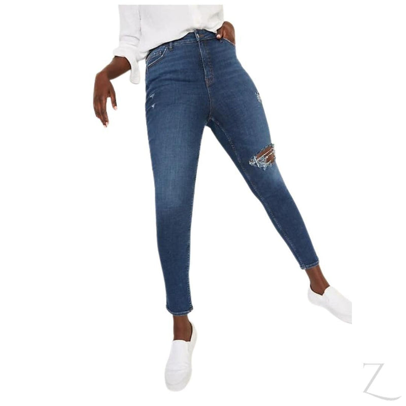 Buy-Ladies Extra High Rise Super Skinny Stretchy Blue Jeans | 1 Knee Ripped | "Samina"-Blue-40-Online-in South Africa-on Zalemart