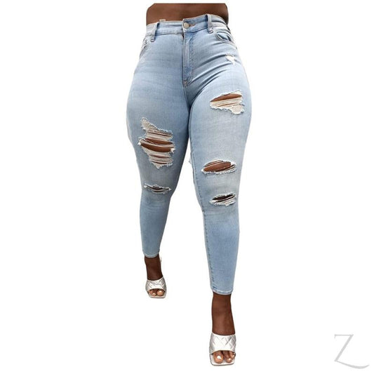 Buy-Ladies High Waist Super Skinny Stretchy Strong Denim Jeans | Ripped | "Diza"-Light Wash Blue-28-Regular-Online-in South Africa-on Zalemart