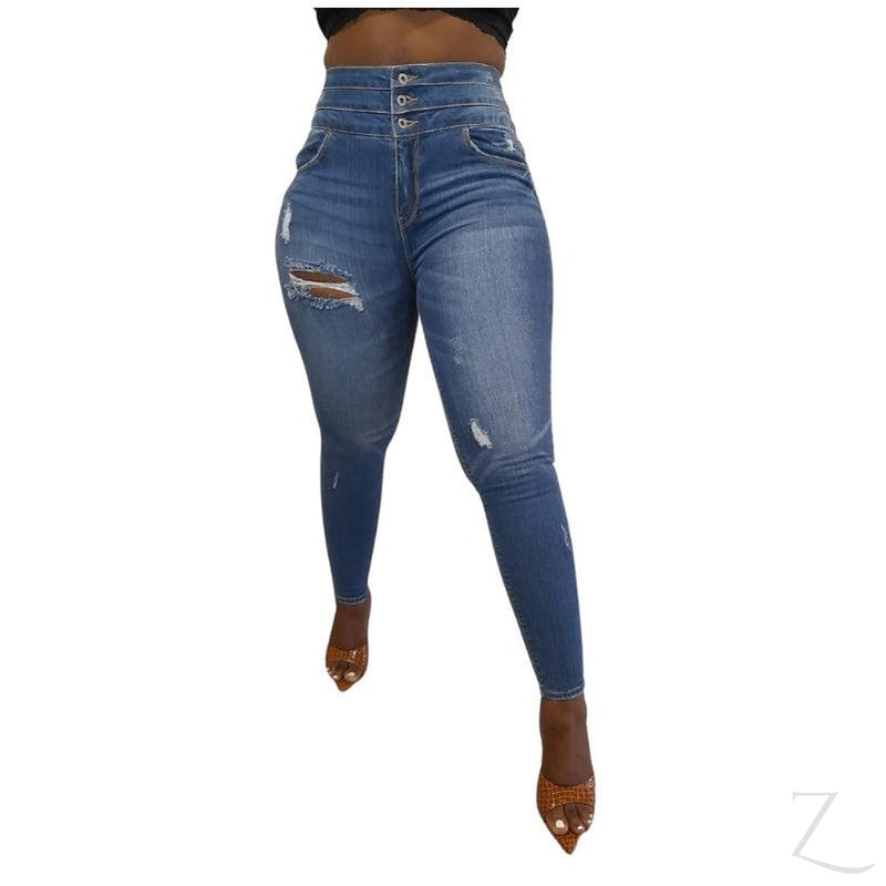 Buy-Ladies High Waist Super Skinny Super Stretchy Super Strong Waist Slimming Denim Jeans | Ripped | "Shami"-Blue-28-Online-in South Africa-on Zalemart