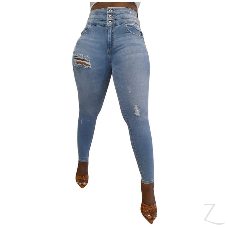 Buy-Ladies High Waist Super Skinny Super Stretchy Super Strong Waist Slimming Denim Jeans | Ripped | "Shami"-Light Blue-28-Online-in South Africa-on Zalemart