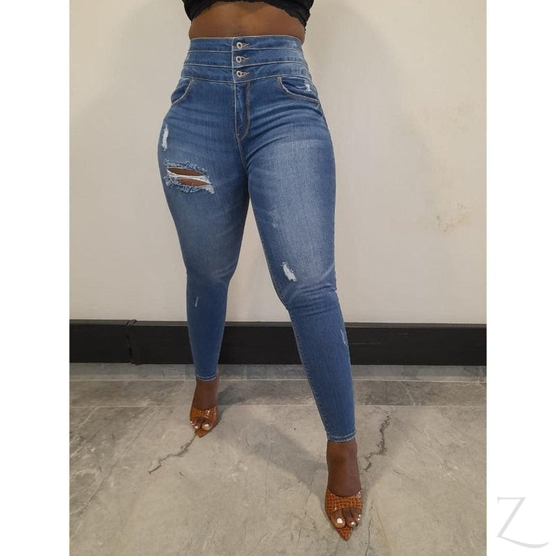 Buy-Ladies High Waist Super Skinny Super Stretchy Super Strong Waist Slimming Denim Jeans | Ripped | "Shami"-Online-in South Africa-on Zalemart