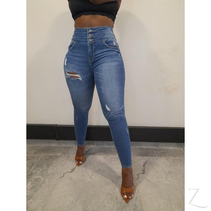 Buy-Ladies High Waist Super Skinny Super Stretchy Super Strong Waist Slimming Denim Jeans | Ripped | "Shami"-Online-in South Africa-on Zalemart