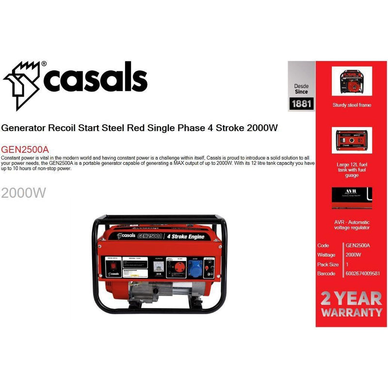 Casals Generator Recoil Start Steel Red Single Phase 4 Stroke 2000W