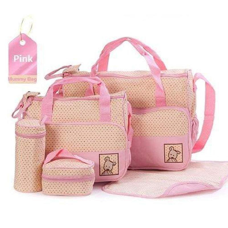 5 in 1 Multifunctional Baby Bag - Pink Dots - Zalemart