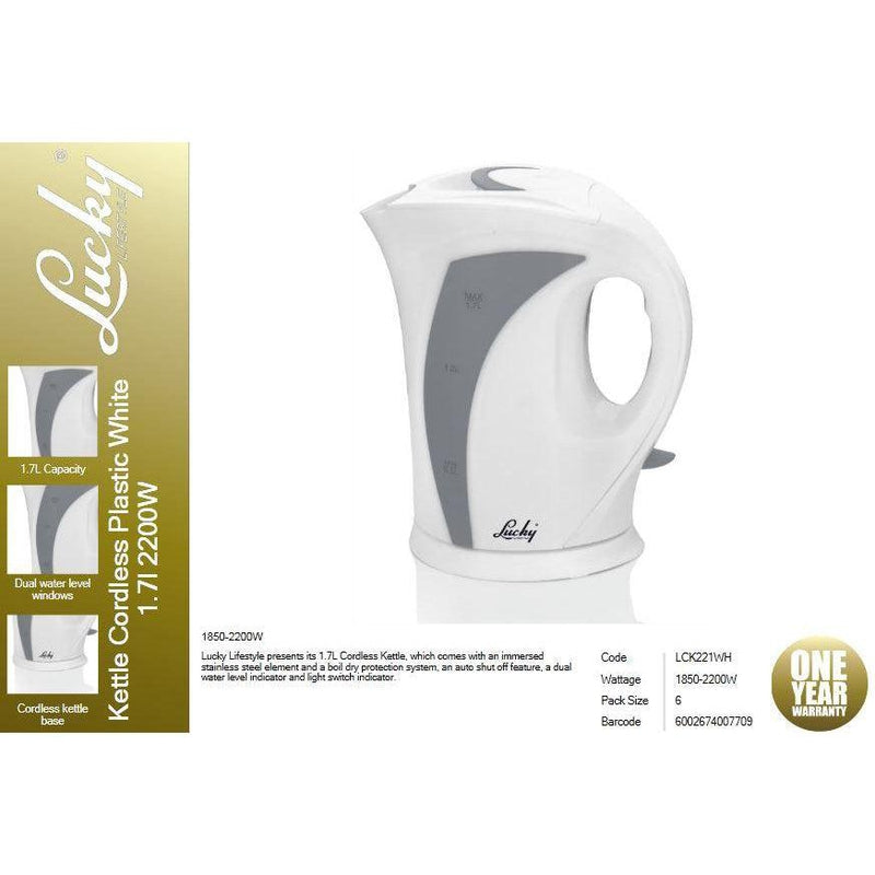 Buy-Lucky Kettle Cordless Plastic White 1.7L 2200W-Online-in South Africa-on Zalemart