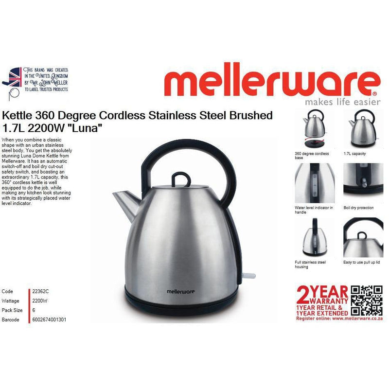Buy-Mellerware Kettle 360 Degree Cordless Stainless Steel Brushed 1.7L 2200W "Luna"-Online-in South Africa-on Zalemart