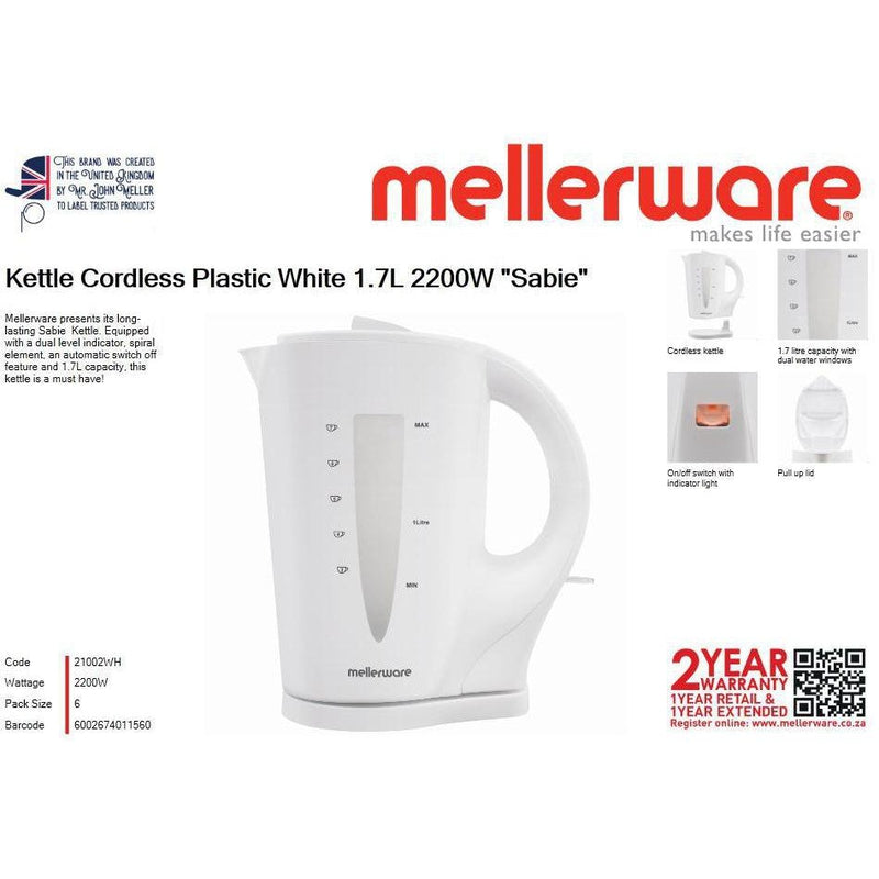 Buy-Mellerware Kettle Cordless Plastic White 1.7L 2200W "Sabie"-Online-in South Africa-on Zalemart