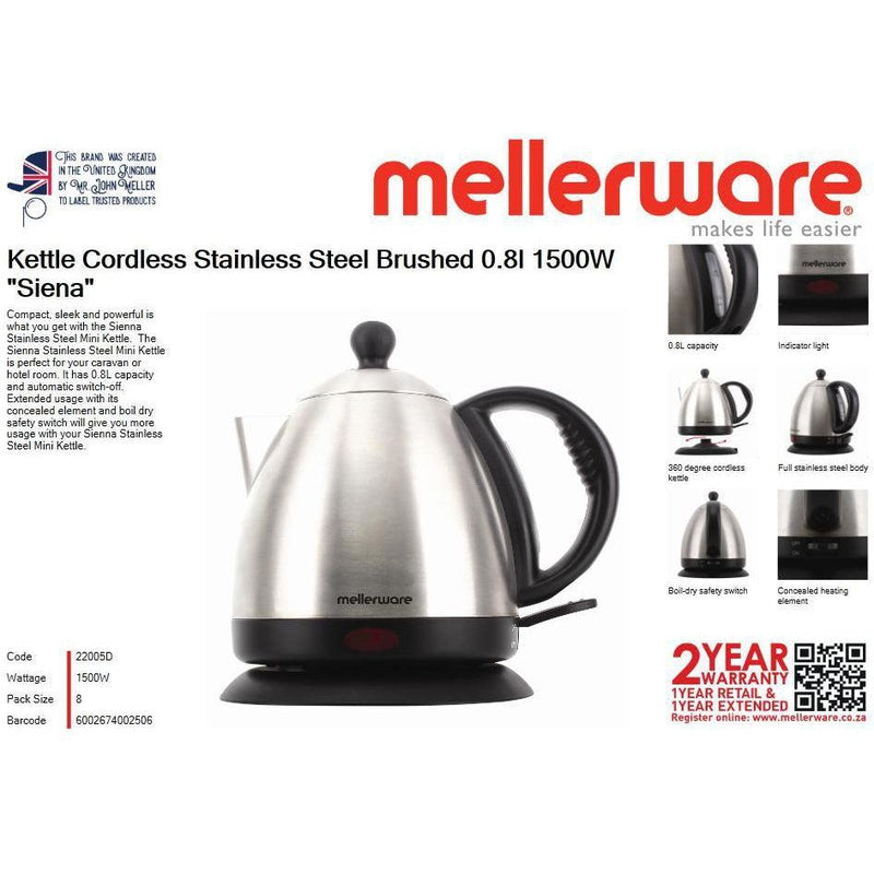 Buy-Mellerware Kettle Cordless Stainless Steel Brushed 0.8l 1500W "Siena"-Online-in South Africa-on Zalemart