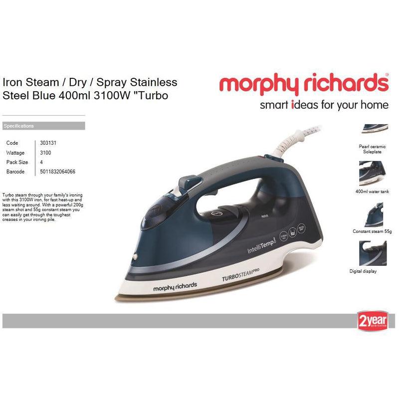 Buy-Morphy Richards Iron Steam / Dry / Spray Stainless Steel Blue 400ml 3100W "Turbo Steam Pro"-Online-in South Africa-on Zalemart