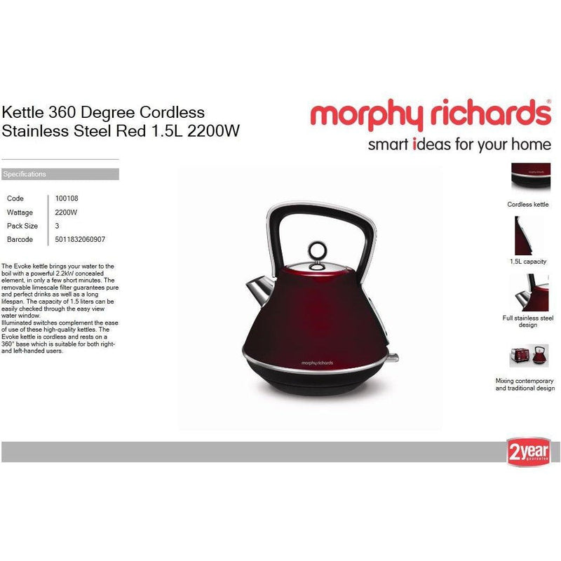 Buy-Morphy Richards Kettle 360 Degree Cordless Stainless Steel Red 1.5L 2200W "Evoke"-Online-in South Africa-on Zalemart