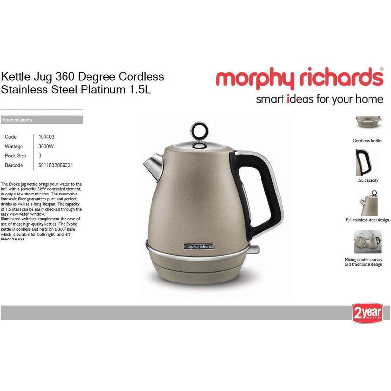 Buy-Morphy Richards Kettle Jug 360 Degree Cordless Stainless Steel Platinum 1.5L 3000W "Evoke"-Online-in South Africa-on Zalemart
