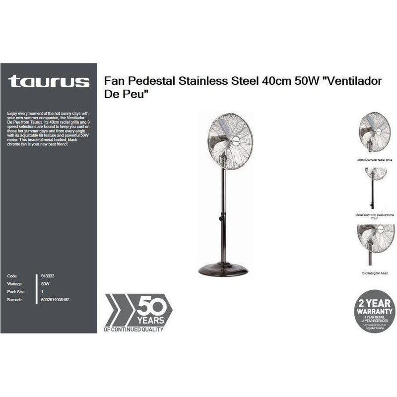 Buy-Taurus Fan Pedestal Stainless Steel 40cm 50W "Ventilador De Peu"-Online-in South Africa-on Zalemart