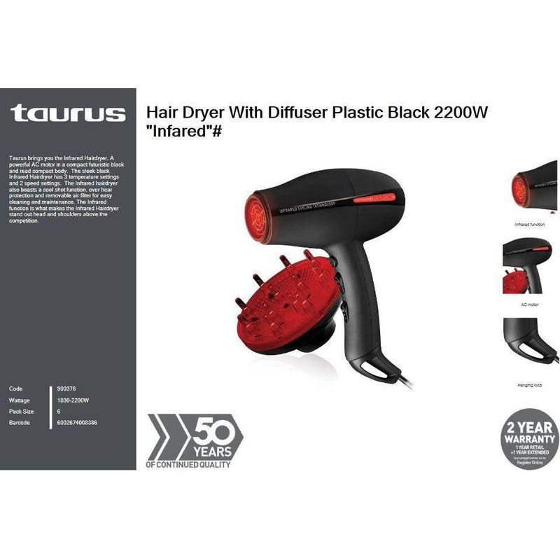 Buy-Taurus Hair Dryer AC Motor Plastic Black 2200W "Infrared"-Online-in South Africa-on Zalemart